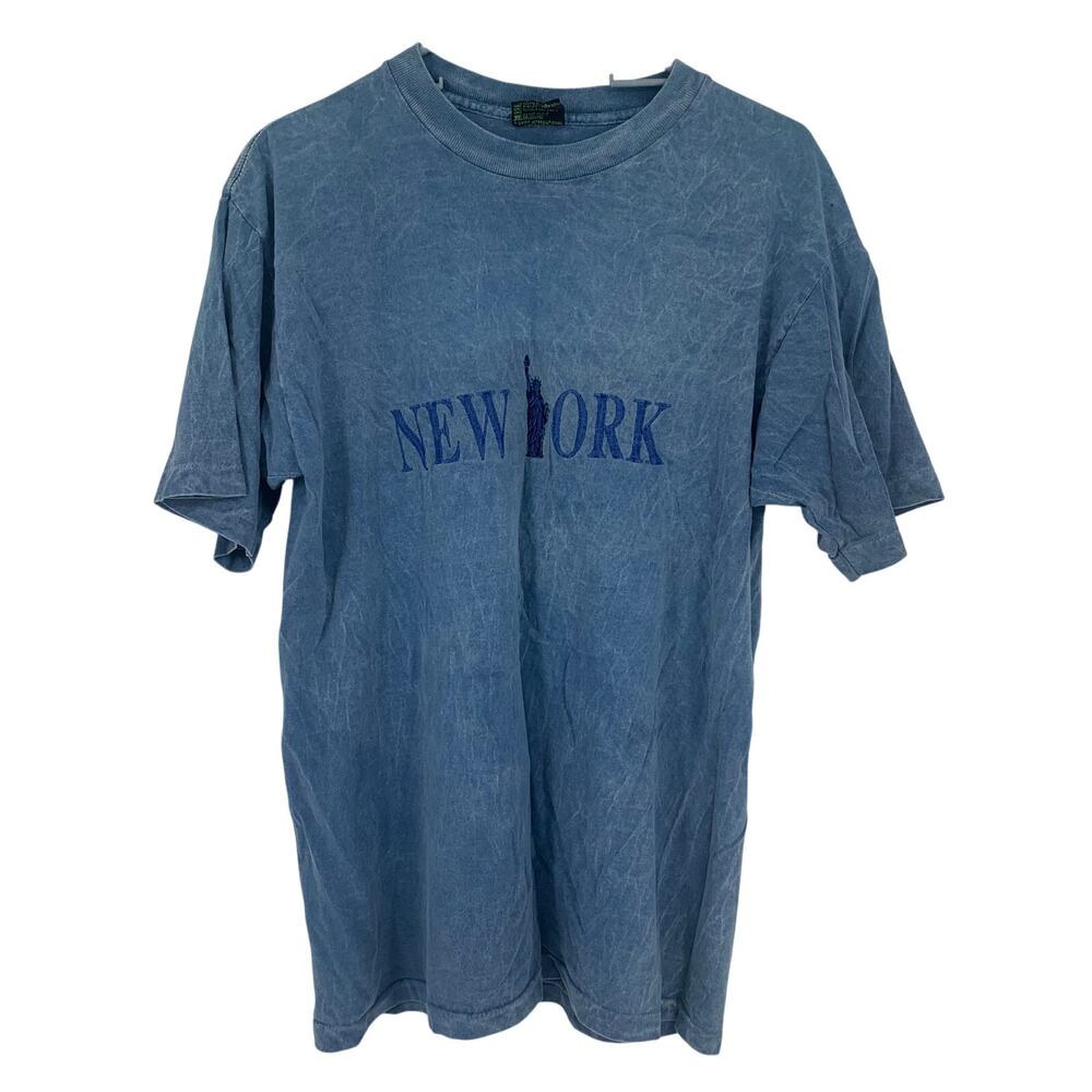 TSi Vintage 90s Blue New York Lady Liberty Embroidered Tie Dye T-Shirt Large